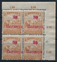 Baranya I. 1919 Arató 2f ívsarki négyestömb, az egyik bélyeg vékonyabb és rövidebb "1"-es számmal, Bodor vizsgálójellel