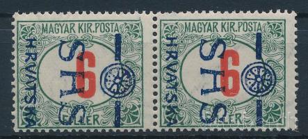 SHS 1918 Portó 6f pár kiadatlan, 90 fokkal elfordult felülnyomattal, Bodor vizsgálójellel