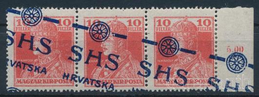 SHS 1918 Károly 10f ívszéli hármascsík elcsúszott felülnyomattal, Bodor vizsgálójellel
