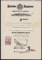 1939. Első világháborús bolgár kitüntetés adományozói okirat illetékbélyeggel Iványi László főhadnagy részére
