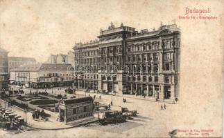 Budapest V. Gizella tér a Nemzeti Pénzváltó Rt., az Első Magyar Iparbank irodájával és Calderoni üzletével
