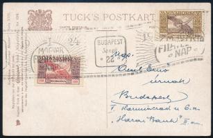 1924 Napóleon képeslap I. Magyar Filatelista Nap alkalmi bélyegzésekkel és Ikarusz bélyegekkel