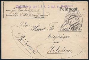 1916 Tábori posta levél Zuckerfabrik des I. A. K. Q. Abt. in Wozuczyn EP TOMASZOW