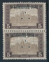 Megszállási és helyi kiadás - Nyugat Magyarország (III.) 1921 Parlament 5K függőleges pár hármaslyukasztással, Bodor vizsgálójellel