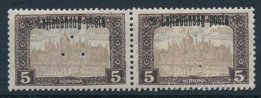 Megszállási és helyi kiadás - Nyugat Magyarország (III.) 1921 Parlament 5K vízszintes pár hármaslyukasztással, Bodor vizsgálójellel