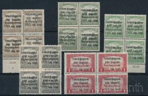 Megszállási és helyi kiadás - Nyugat Magyarország (I.) 1921 Arató 20f, 40f, 50f, 60f, 1K négyestömbök hármaslyukasztással, mind Bodor vizsgálójellel