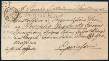 1858 Hivatalos levél véséshibás ABANJ SZÁNTÓ bélyegzéssel, EPERJES + KASCHAU