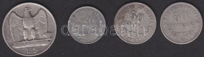 Olaszország 1863MBN 50c Ag (2x), 1863MBN 20c Ag, 1927R 5L Ag T:2/3,3