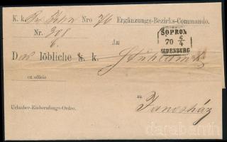 1870 Hivatalos levél "SOPRON/OEDENBURG" - "JÁNOSHÁZA"