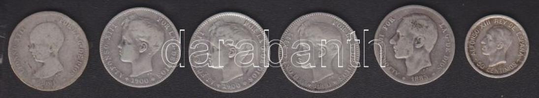 Spanyolország 1883. 1P Ag (1x), 1891. 1P Ag (1x), 1900. 1P Ag (3x), 1926. 50c Ag T:3,3- összesen 6db!