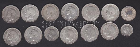 Nagy-Britannia 1920-1945 1Sh Ag (11x) 8klf évszámmal + 1934. 3p Ag, 1935. 6p Ag, 1942 6p Ag T:1/2,2,3,4 összesen 14db!