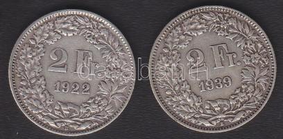 Svájc 1922. 2Fr Ag + 1939. 2Fr Ag T:3+/3,2-/3+