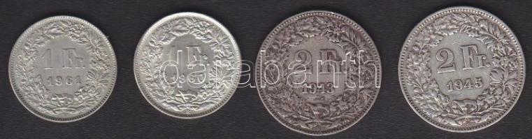 Svájc 1943. 2Fr Ag, 1945. 2Fr Ag + 1960. 1Fr Ag, 1961. 1Fr Ag T:2-/3+,2/3+