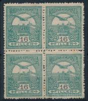 1909 Turul 16f négyestömb 2-es vízjelállással, az egyik bélyeg II. típusú (halvány rozsdafoltok / light stain spots)