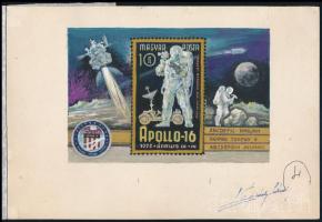 1972 Légrády Sándor Apollo-16 bélyegterve a tervező aláírásával
