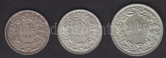 Svájc 1947. 1Fr Ag, 1957. 1Fr Ag, 1963. 2Fr Ag T:3,2/2-,3+/3