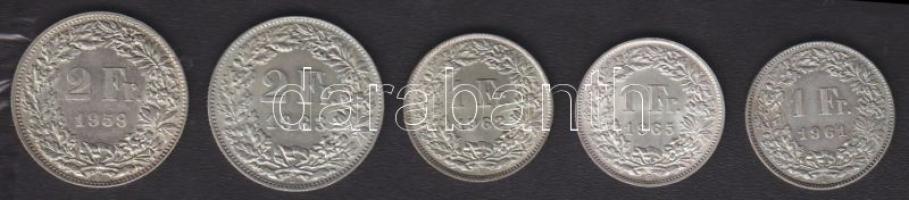 Svájc 1961-65 1Fr Ag (3x) + 1959-63 2Fr Ag (2x) T:1/2,2-/3+