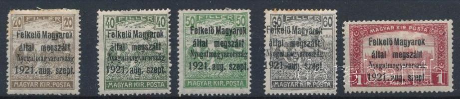Nyugat-Magyarország (I.) 1921 5 db bélyeg, közte 1 hármaslyukasztással Bodor vizsgálójellel