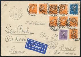 1934 Légiposta küldemény 19 db bélyeggel bérmentesítve (16f áthúzva) Budapestről Baselbe / Airmail cover with 19 stamps franking from Budapest to Basel
