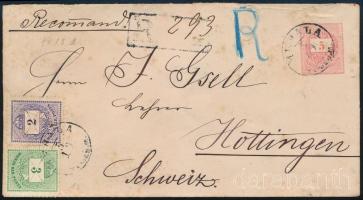 1885 Ajánlott 5kr díjjegyes levél Svájcba, 2kr + 3kr + 10kr díjkiegészítéssel