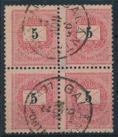 1889 5kr négyestömb szépen elfogazva, 12 : 11 3/4 fogazással "GALÁNTA / LEVÉLPOSTA"
