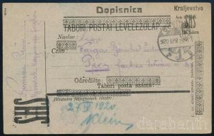 SHS 1920 Futott felülnyomott tábori lap Pécsre, Bodor vizsgálójellel