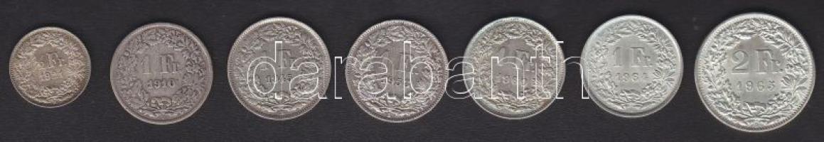 Svájc 1921. 1/2Fr Ag + 1910-64 1Fr Ag (5x) + 1965. 2Fr Ag összes klf évszámmal! T:2/3+,3