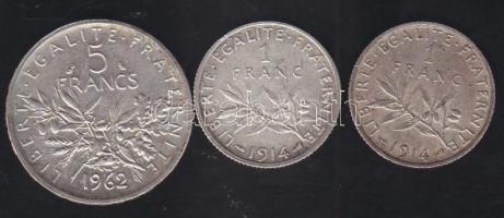Franciaország 1914. 1Fr Ag (2x) + 1962. 5Fr Ag T:2,3