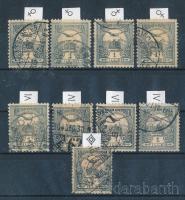 1900 9 db Turul 1f E fogazattal, 4 féle vízjelállással, és 4 féle számvízjelállással, illetve csillagvízjellel