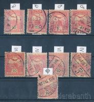 1900 9 db Turul 10f E fogazattal, 4 féle vízjelállással, és 4 féle számvízjelállással, illetve csillagvízjellel