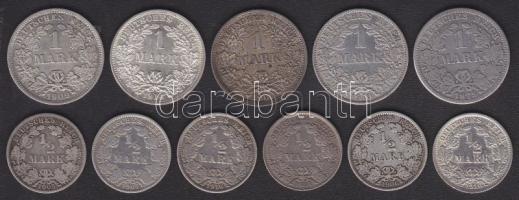 Német Birodalom/Császárság 1875-1914A,D,F,J 1M Ag (5x) + 1/2M Ag (6x) T:1-,2,3 összesen 11db!
