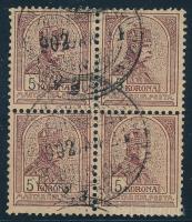 1900 Turul 5K négyestömb B2 vízjelállással (104.000++) (1-2 rövidebb fog) / Mi 70 block of 4, watermark position: 2 (1-2 shorter perfs)