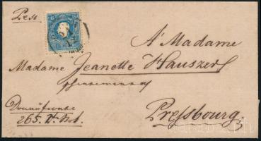 1858 15kr I. típus levélen "PESTH / ABENDS" - "PRESSBURG" (18.000)