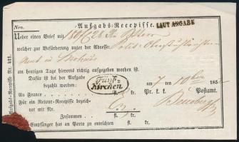 1852 Feladási vevény "Fünf = / Kirchen" ovális bélyegzéssel (Gudlin RR)