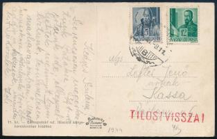 1944 Képeslap 6f + 12f bélyegekkel Sárospatakról Kassára, "TILOS! VISSZA" piros bélyegzéssel