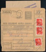 1944 Csomagszállító + Értesítő és elismervény GYŐRSÁG POSTAÜGYNÖKSÉG bélyegzéssel Csíkcsicsóra / Parcel card with postal agency postmark