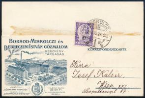 1929 Levelezőlap Szent István 16f "Borsod-Miskolczi és Debreceni István Gőzmalom Rt." céglyukasztásos bélyeggel "MISKOLCZ" - Wien