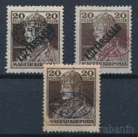 Debrecen I. 1919 Károly/Köztársaság 20f piros, kék és fekete felülnyomással, Bodor vizsgálójellel (92.000) (a kék felnyomású bélyeg sérült a képoldalon / damaged on the front)