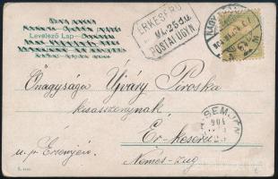 1904 Képeslap Turul 5f bérmentesítéssel "ÉRKESERŰ" postaügynökségi bélyegzéssel