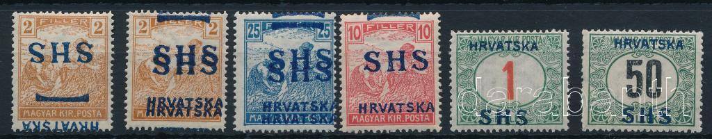 SHS 1919 6 db bélyeg, közte eltolódott, fordított és kettős felülnyomású bélyegek, Bodor vizsgálójellel