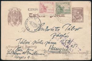1943 Spanyolországból küldött cenzúrás levelezőlap magyar tábori posta címre, magyar cenzúrával / Censored postcard from Spain to a Hungarian field post address, with Hungarian censorship m