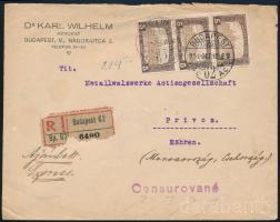 1921 Ajánlott cenzúrázott levél Csehországba 15K bérmentesítéssel