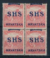 SHS 1919 Arató 10f 4-es tömb felfelé tolódott felülnyomással, Bodor vizsgálójellel