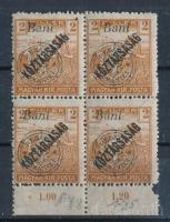 Nagyvárad 1919 Arató/Köztársaság 2f ívszéli 4-es tömb, Bodor vizsgálójellel