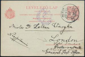 1913 Díjjegyes levelezőlap / PS-card \"ÜLLŐ\" - London
