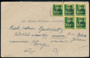 1945 (5. díjszabás) Csehszlovákiába küldött levél 5 x 100P bélyeggel, majd visszaküldve