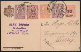 1922 10Bani felülnyomású magyar levelezőlap 4 db román bélyeggel