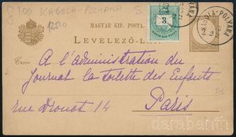1885 2kr díjjegyes levelezőlap 3kr kiegészítéssel Párizsba 'KABOLA-POLYANA' / 2kr PS-card with 3kr additional franking to Paris