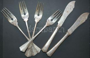 Díszes századeleji ezüst (Ag) évőeszköz tétel 4db villával és 2db késsel / 322g