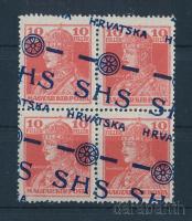 SHS 1919 Károly 10f 4-es tömbben ferdén eltolódott felülnyomással, Bodor vizsgálójellel